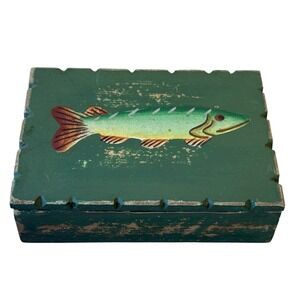 Midwest of Cannon Falls Wood Fish Box with Sealed Playing Cards Vintage Decor